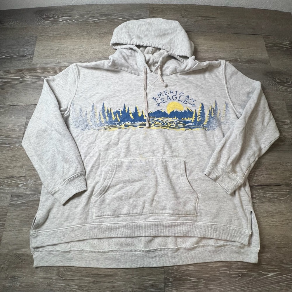 American Eagle Hoodie Womens XXL Gray Mountain Graphic Fleece Pullover Outdoors